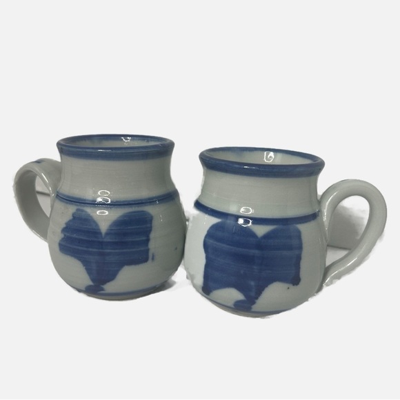 Studio Art Pottery Coffee Tea Mug Set of 2 Blue Gray Stoneware Ribbed Signed